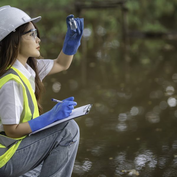 Environmental engineers inspect water quality,Bring water to the lab for testing,Check the mineral content in water and soil,Check for contaminants in water sources.