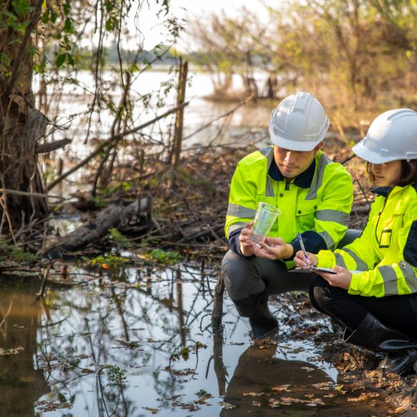 Team of Engineers Analyzing Water Pollution in Natural Environme